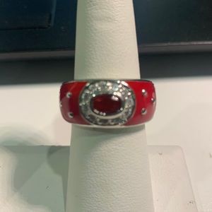 Vintage signed RP sterling silver red enamel ring rhinestones red & clear Sz 6.5